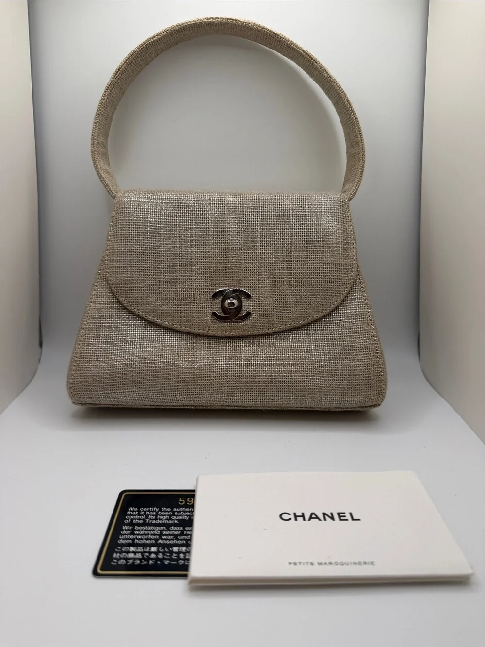 Chanel Silver Iridescent Linen Mini Top Handle Half-moon Flap SHW